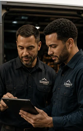 Two HVAC technicians reviewing a service workflow