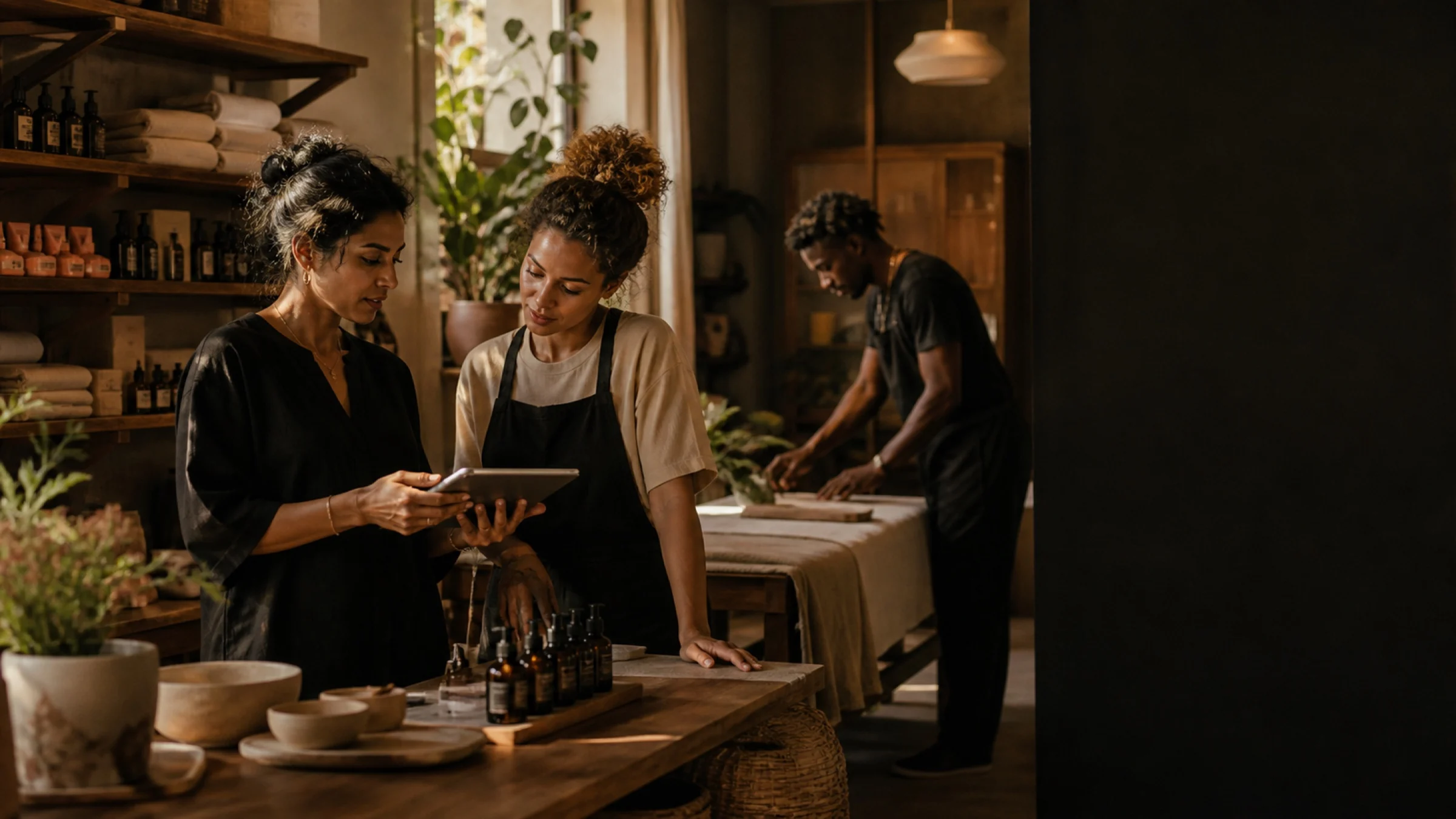 A wellness business team reviewing its operations together
